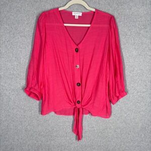 Studio JPR Gauze Blouse PXL Pink Tie Hem Artsy Buttons Resort Cruise Flowy Loose